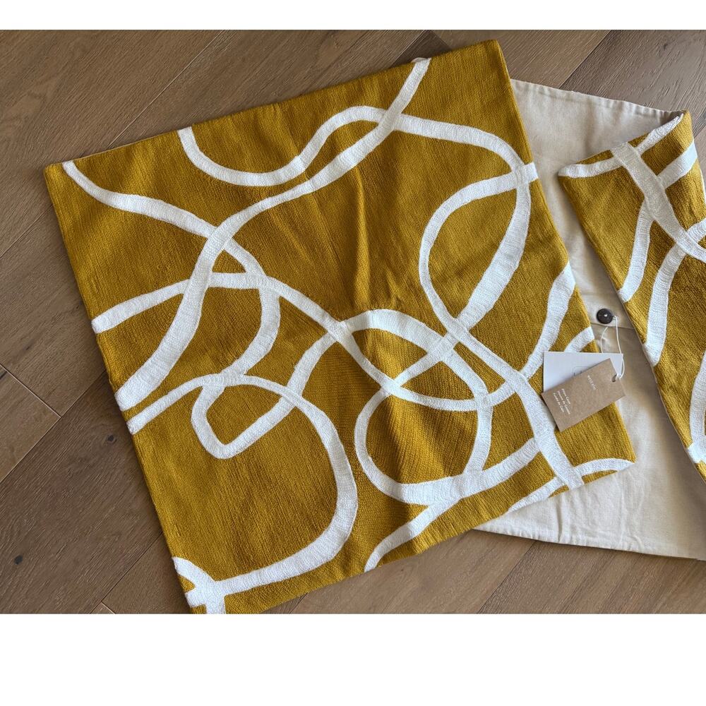 New West Elm Set 2 Crewel Rope Pillow Covers 24" Yellow Mustard